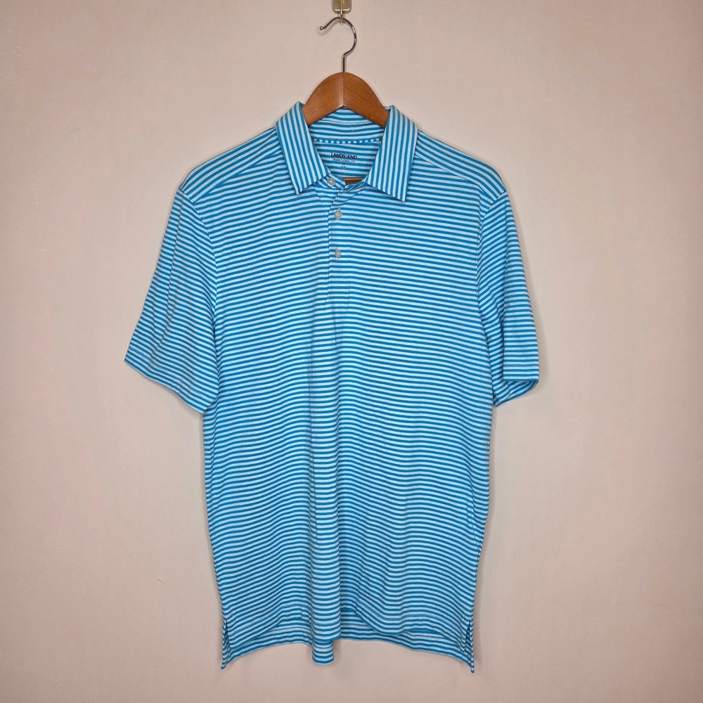 Lands End Mens‎ Polo Shirt Medium Blue Striped Traditional Fit Cotton Blend